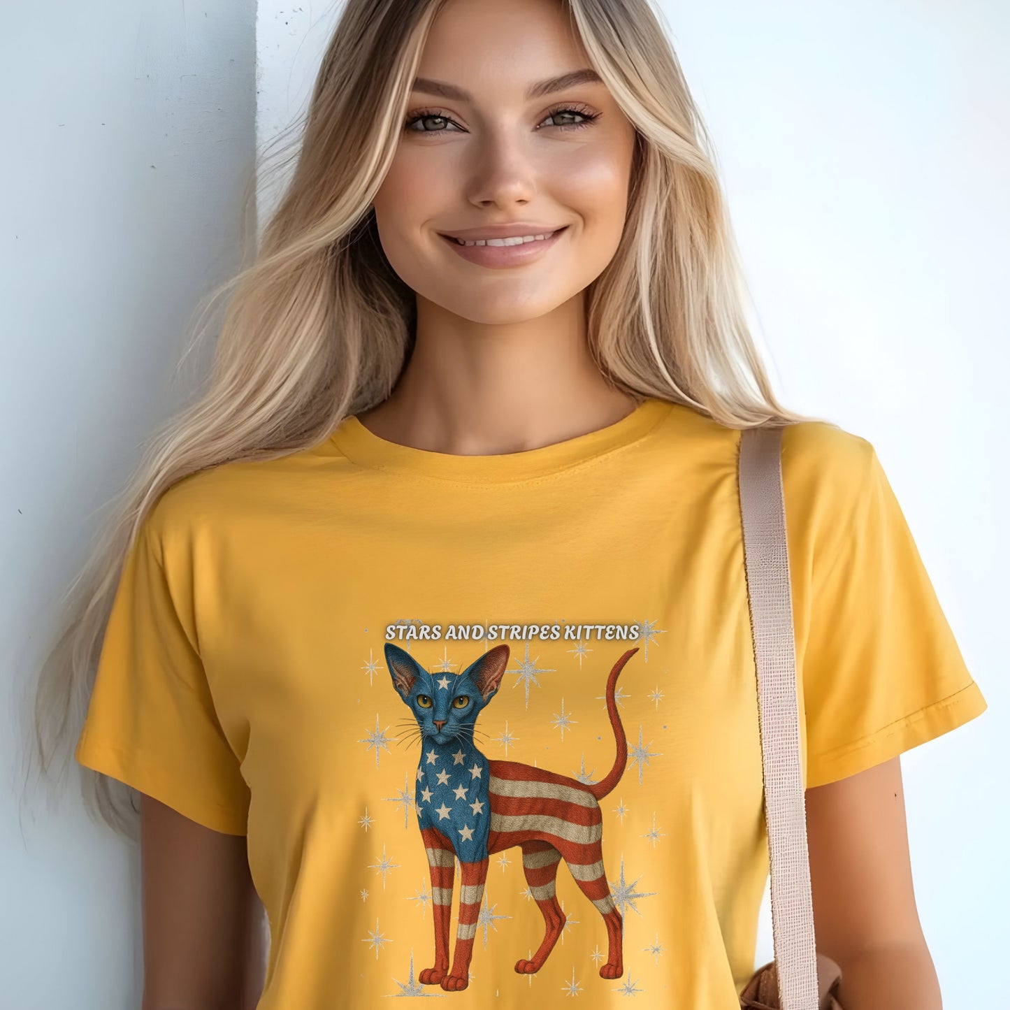 Stars and Stripes Cat Unisex Tee Funny USA Flag Kitty Graphic Tee Patriotic Cat Shirt for 4th of July Oriental Shorthair Cat Lovers Gift