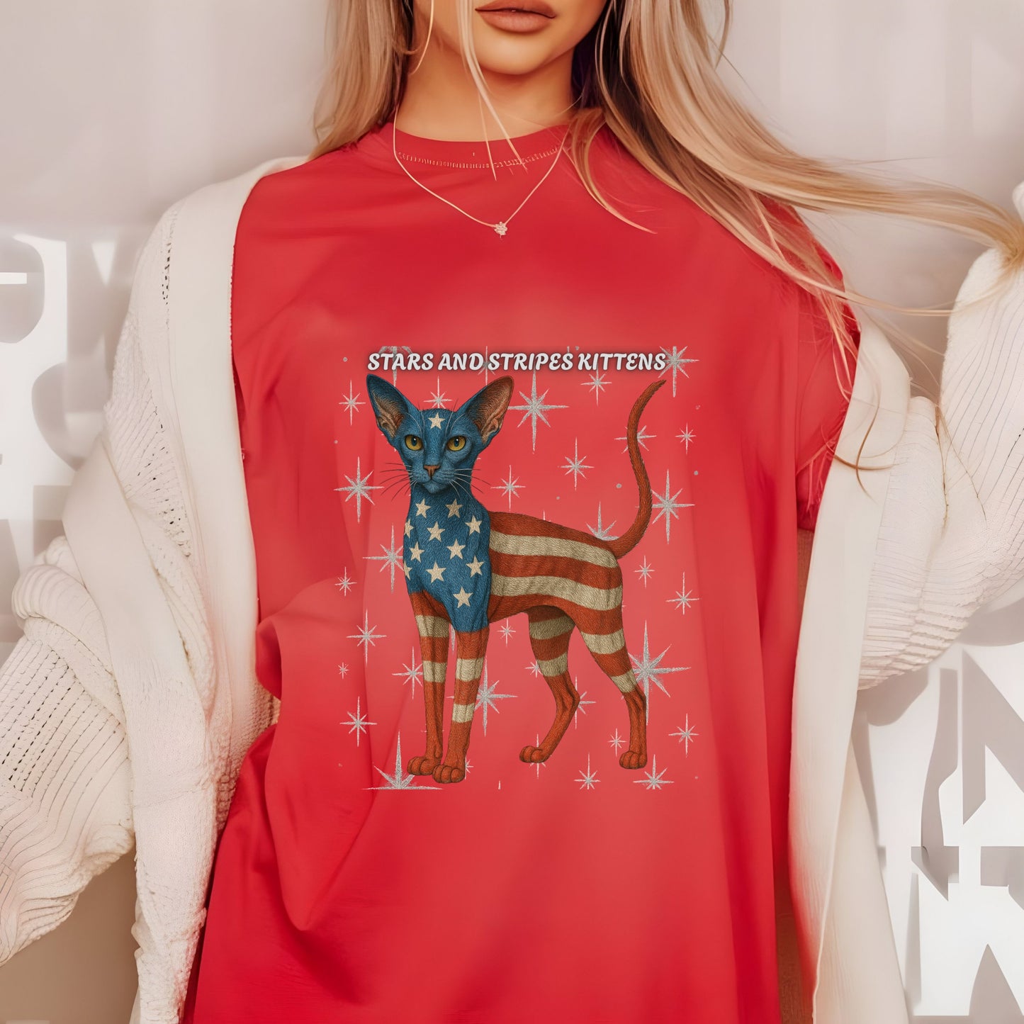 Stars and Stripes Cat Unisex Tee Funny USA Flag Kitty Graphic Tee Patriotic Cat Shirt for 4th of July Oriental Shorthair Cat Lovers Gift