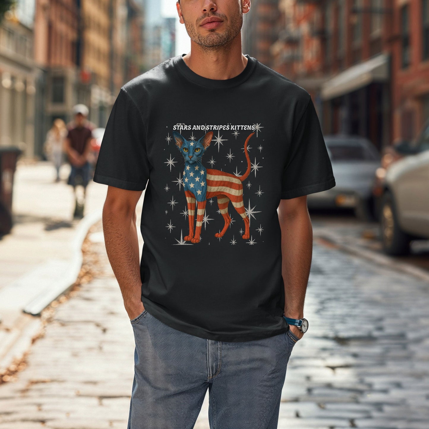 Stars and Stripes Cat Unisex Tee Funny USA Flag Kitty Graphic Tee Patriotic Cat Shirt for 4th of July Oriental Shorthair Cat Lovers Gift