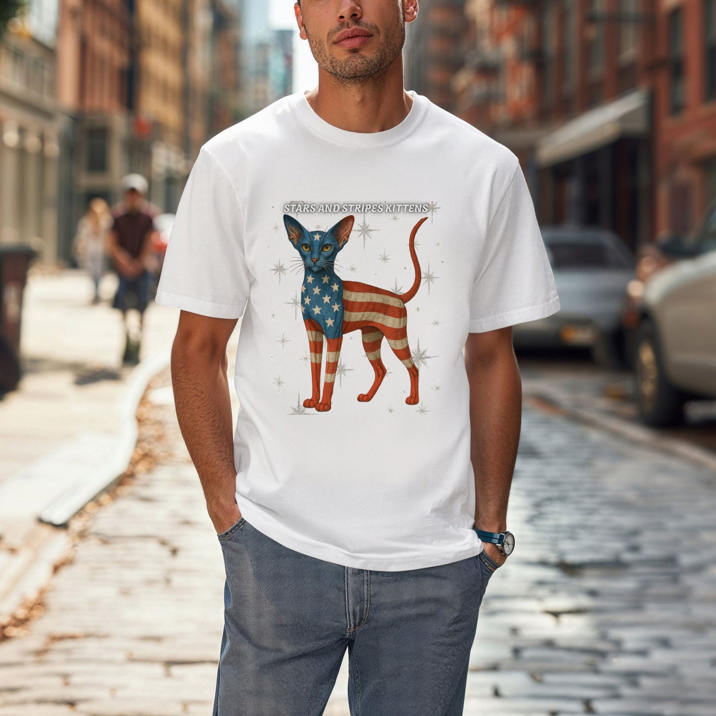 Stars and Stripes Cat Unisex Tee Funny USA Flag Kitty Graphic Tee Patriotic Cat Shirt for 4th of July Oriental Shorthair Cat Lovers Gift