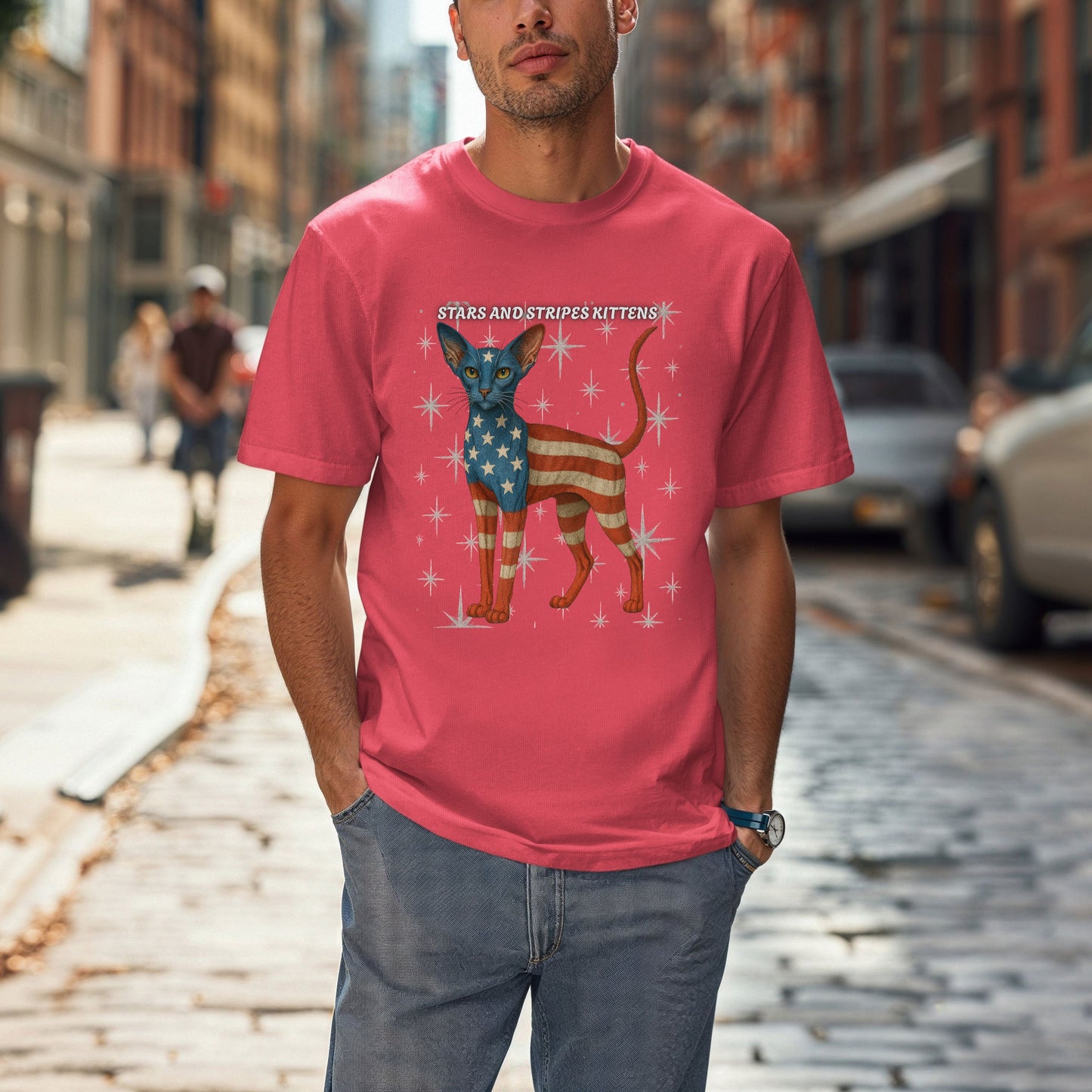 Stars and Stripes Cat Unisex Tee Funny USA Flag Kitty Graphic Tee Patriotic Cat Shirt for 4th of July Oriental Shorthair Cat Lovers Gift