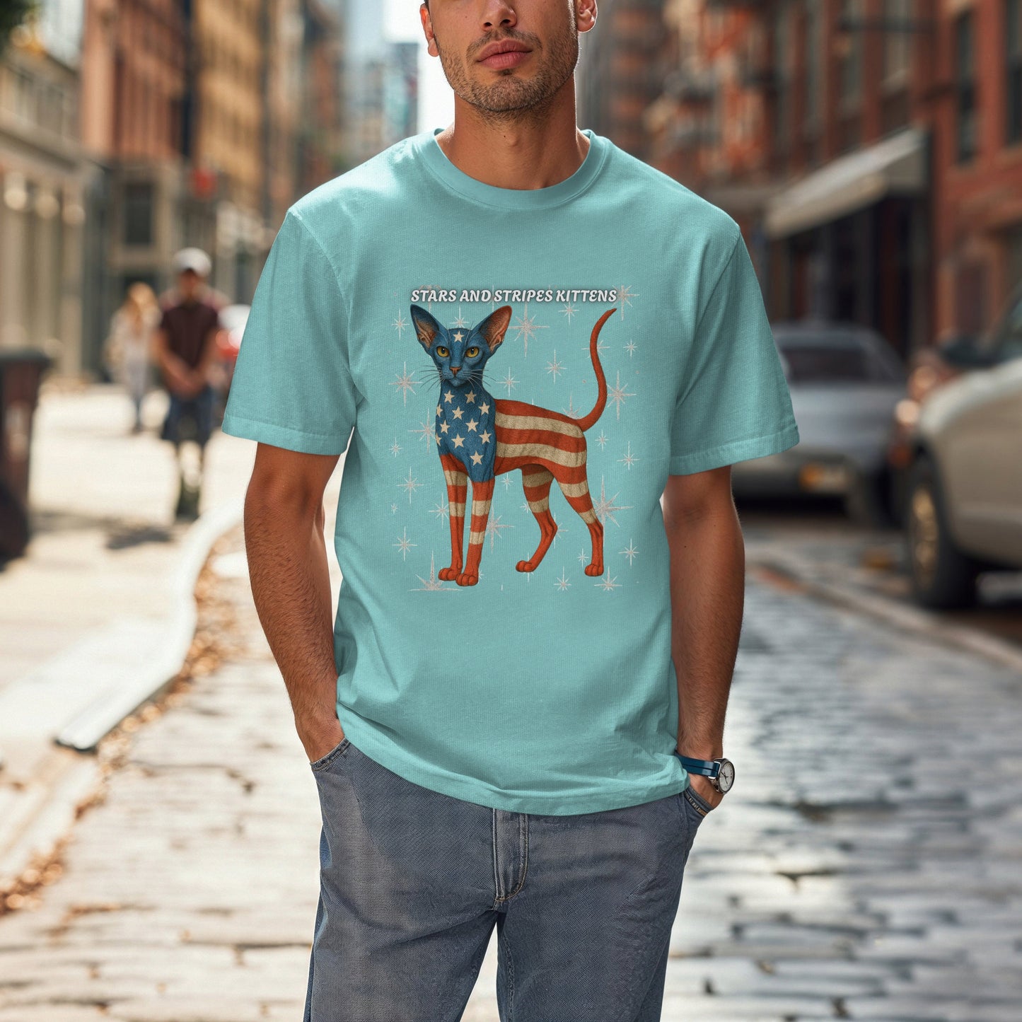 Stars and Stripes Cat Unisex Tee Funny USA Flag Kitty Graphic Tee Patriotic Cat Shirt for 4th of July Oriental Shorthair Cat Lovers Gift