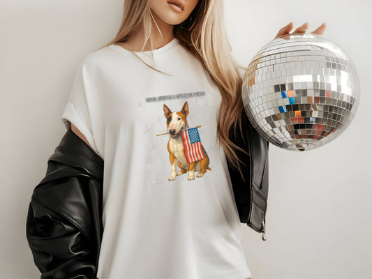 Bull Terrier Patriotic Unisex T-Shirt - 4th of July Funny Dog Shirt -USA Flag - American Pride Pet Tee