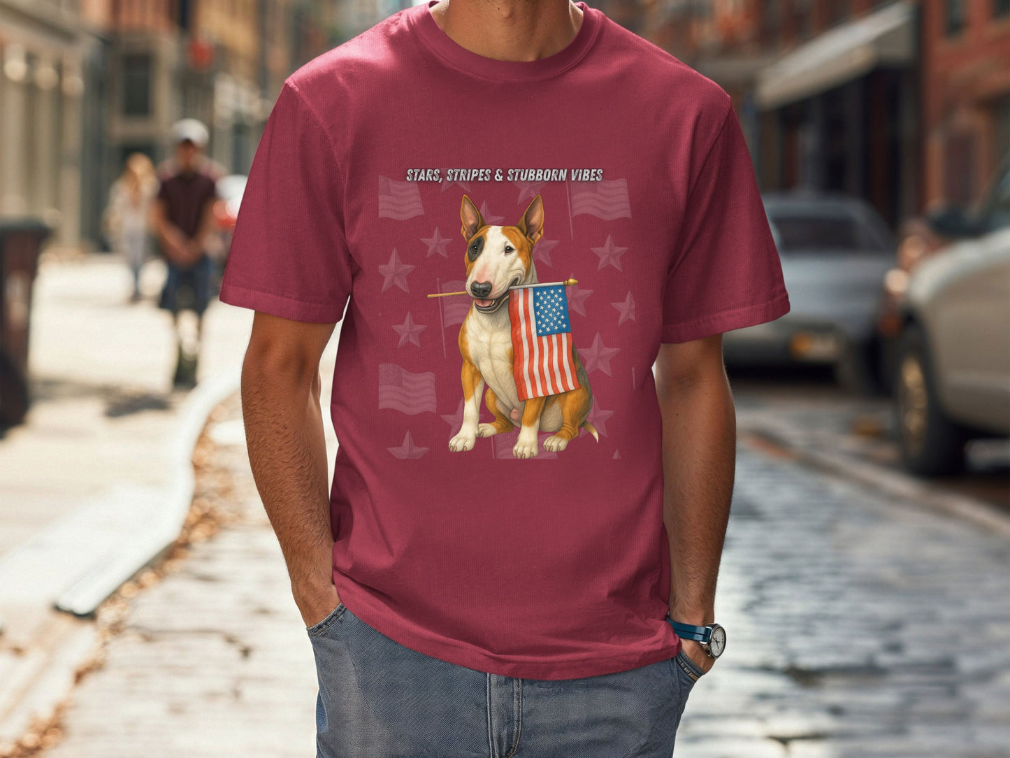 Bull Terrier Patriotic Unisex T-Shirt - 4th of July Funny Dog Shirt -USA Flag - American Pride Pet Tee
