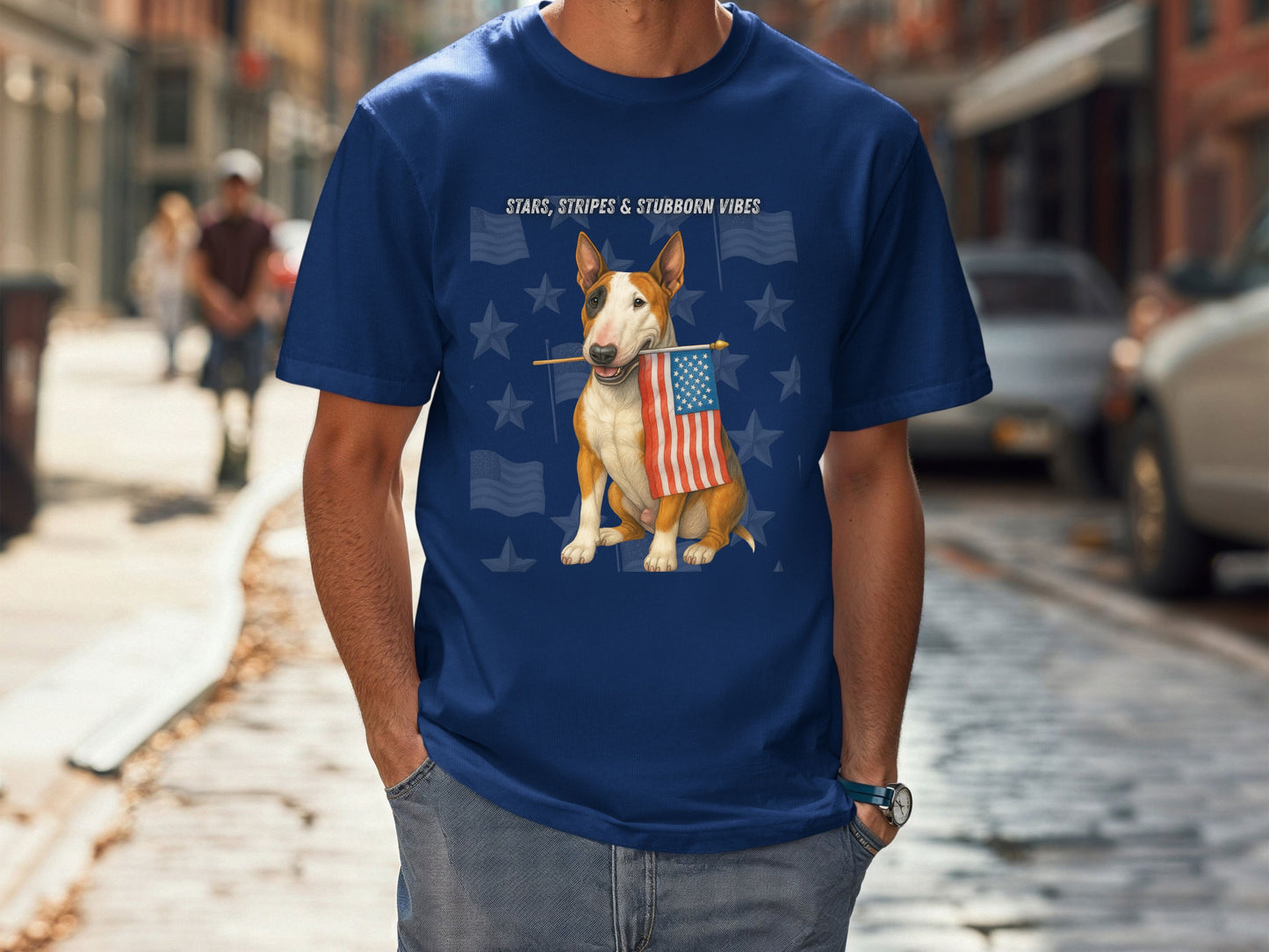 Bull Terrier Patriotic Unisex T-Shirt - 4th of July Funny Dog Shirt -USA Flag - American Pride Pet Tee