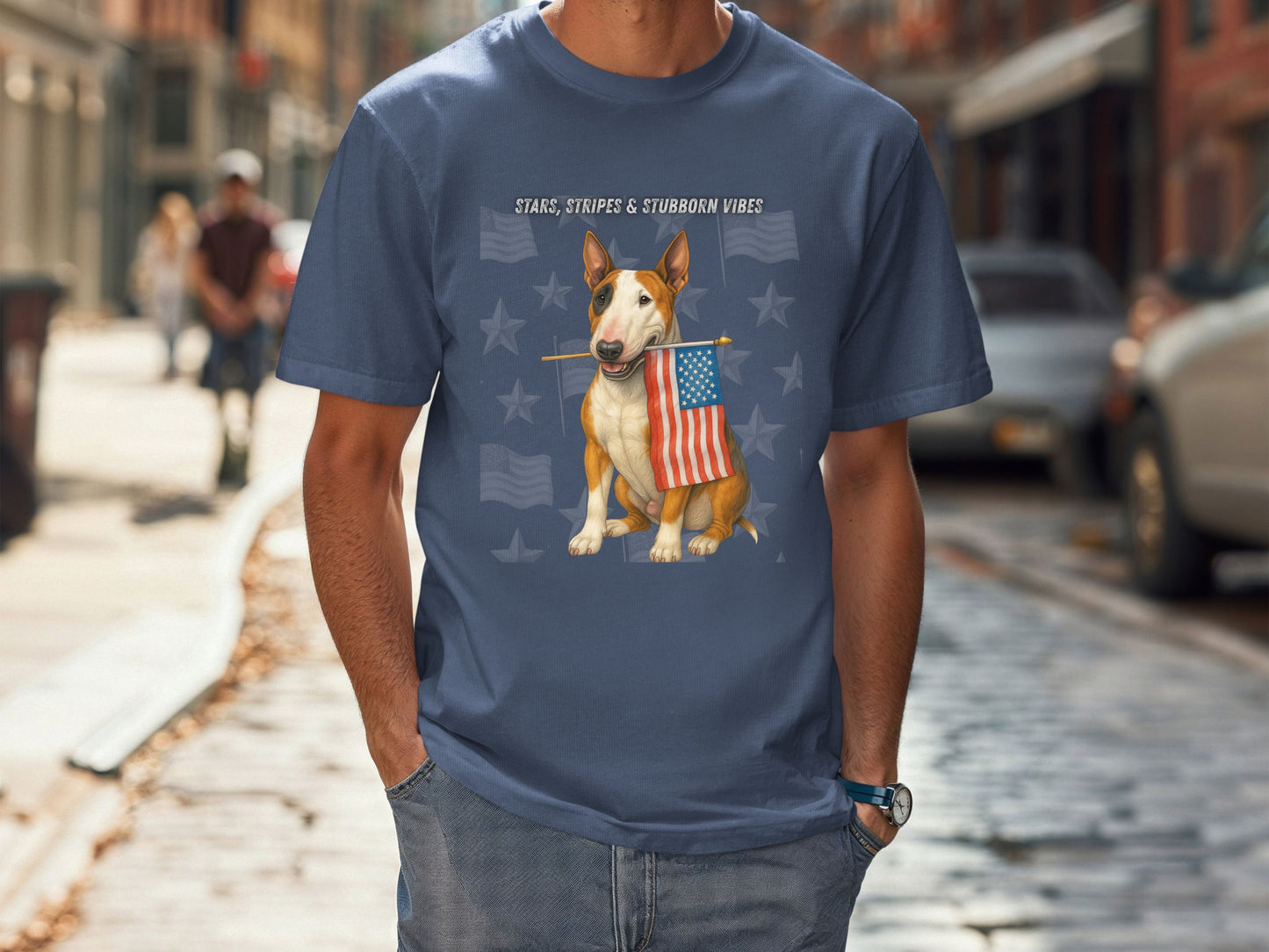 Bull Terrier Patriotic Unisex T-Shirt - 4th of July Funny Dog Shirt -USA Flag - American Pride Pet Tee