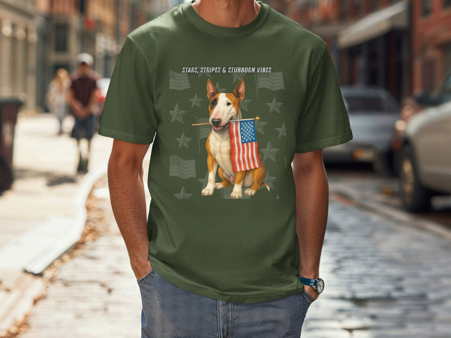 Bull Terrier Patriotic Unisex T-Shirt - 4th of July Funny Dog Shirt -USA Flag - American Pride Pet Tee