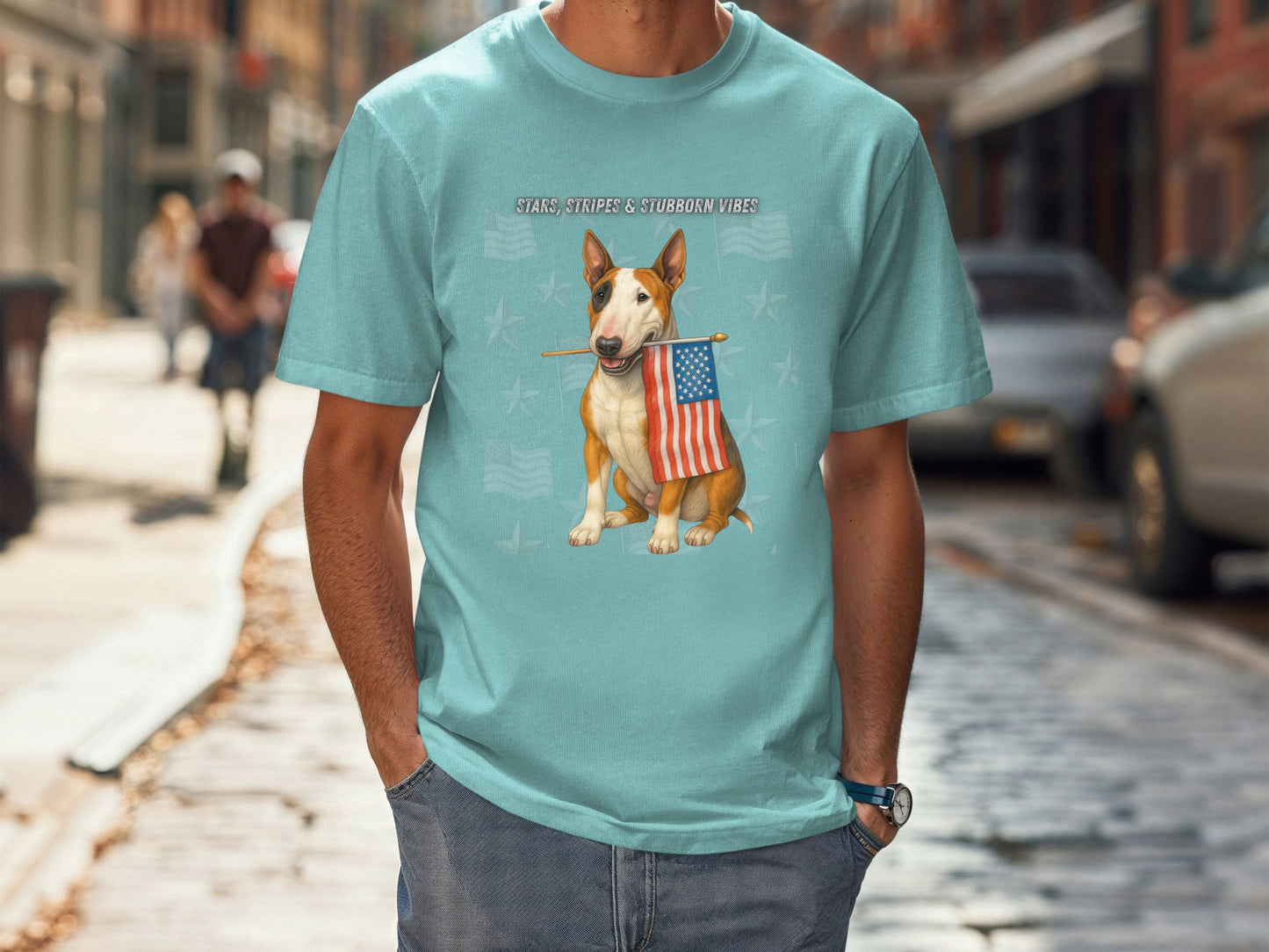 Bull Terrier Patriotic Unisex T-Shirt - 4th of July Funny Dog Shirt -USA Flag - American Pride Pet Tee