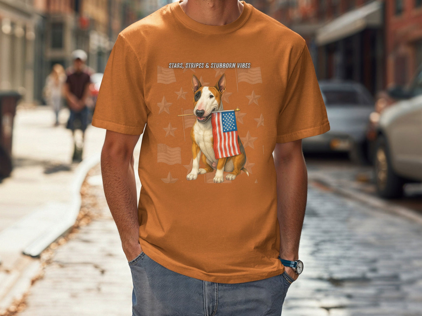 Bull Terrier Patriotic Unisex T-Shirt - 4th of July Funny Dog Shirt -USA Flag - American Pride Pet Tee