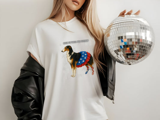 Russian Borzoi Patriotic Unisex T-Shirt - 4th of July Funny Dog Shirt -USA Flag - American Pride Pet Tee