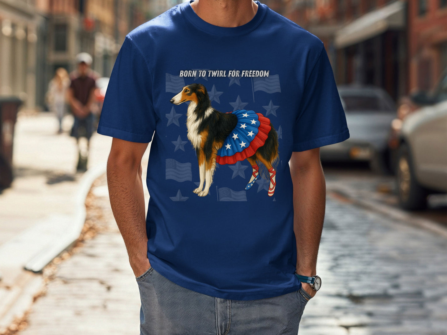 Russian Borzoi Patriotic Unisex T-Shirt - 4th of July Funny Dog Shirt -USA Flag - American Pride Pet Tee