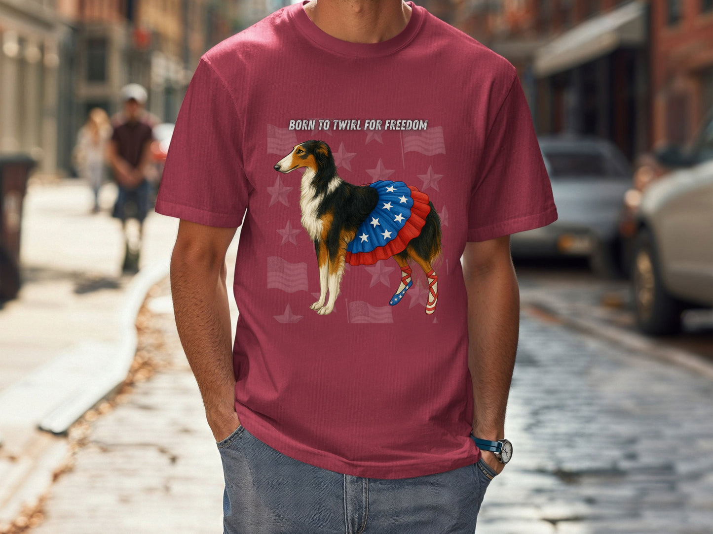 Russian Borzoi Patriotic Unisex T-Shirt - 4th of July Funny Dog Shirt -USA Flag - American Pride Pet Tee