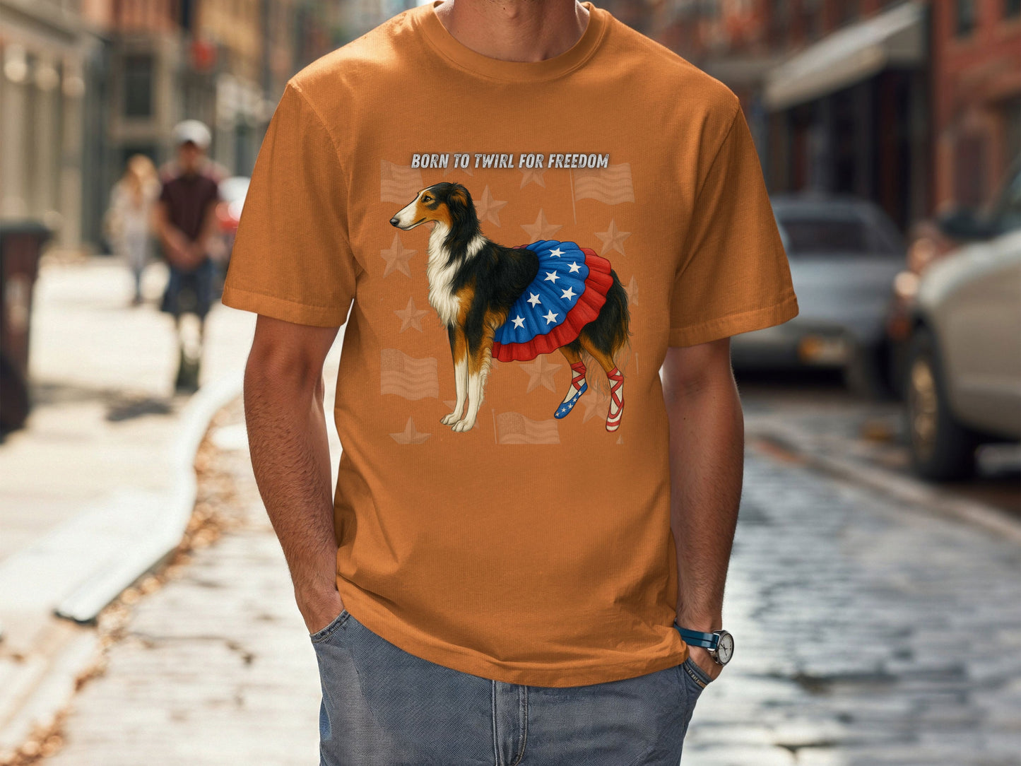 Russian Borzoi Patriotic Unisex T-Shirt - 4th of July Funny Dog Shirt -USA Flag - American Pride Pet Tee