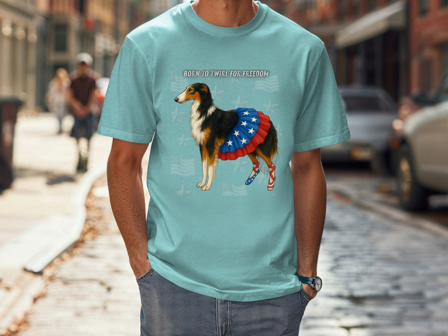 Russian Borzoi Patriotic Unisex T-Shirt - 4th of July Funny Dog Shirt -USA Flag - American Pride Pet Tee
