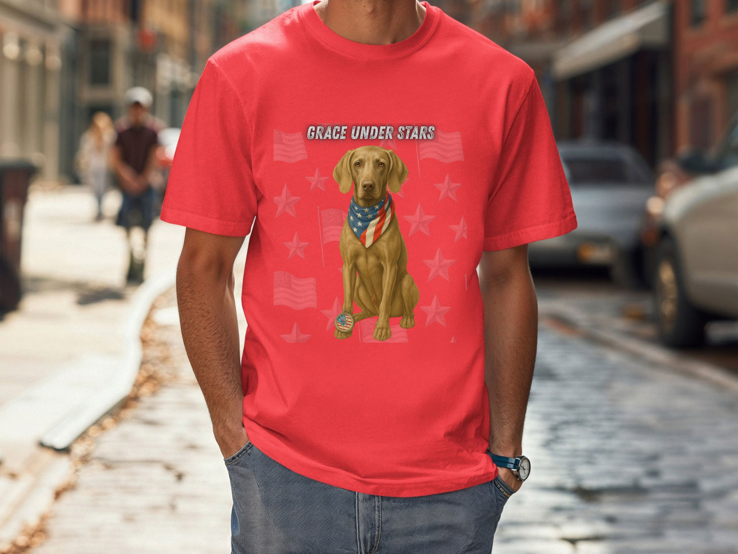 Weimaraner Patriotic Unisex T-Shirt - 4th of July Funny Dog Shirt -USA Flag - American Pride Pet Tee Great Gift