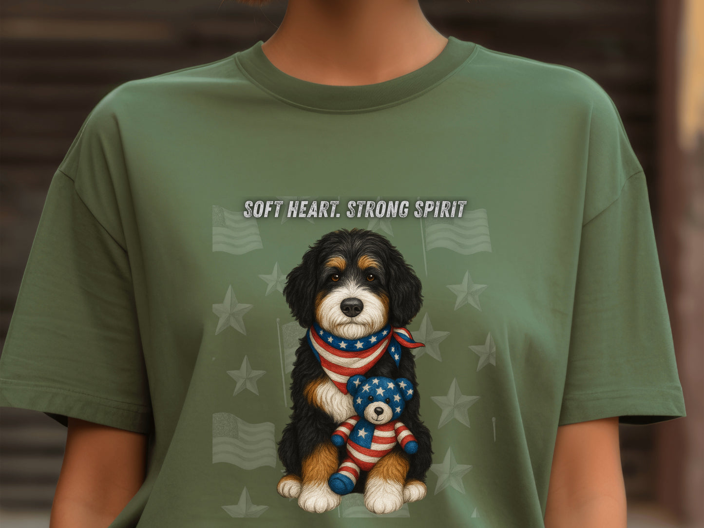 Bernedoodle Unisex T-Shirt - 4th of July Funny Dog Shirt -USA Flag - American Pride Pet Tee Great Gift