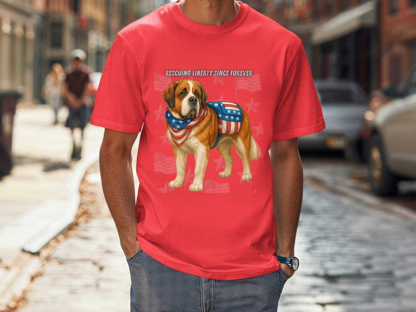 Saint Bernard Patriotic Unisex T-Shirt - 4th of July Funny Dog Shirt -USA Flag - American Pride Pet Tee Great Gift