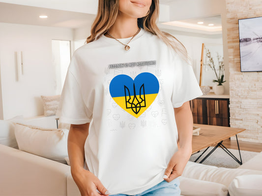 Freedom Is Not Negotiable Shirt - Ukrainian Flag Heart with Tryzub- Support Ukraine T-Shirt - Blue and Yellow Patriotic Tee