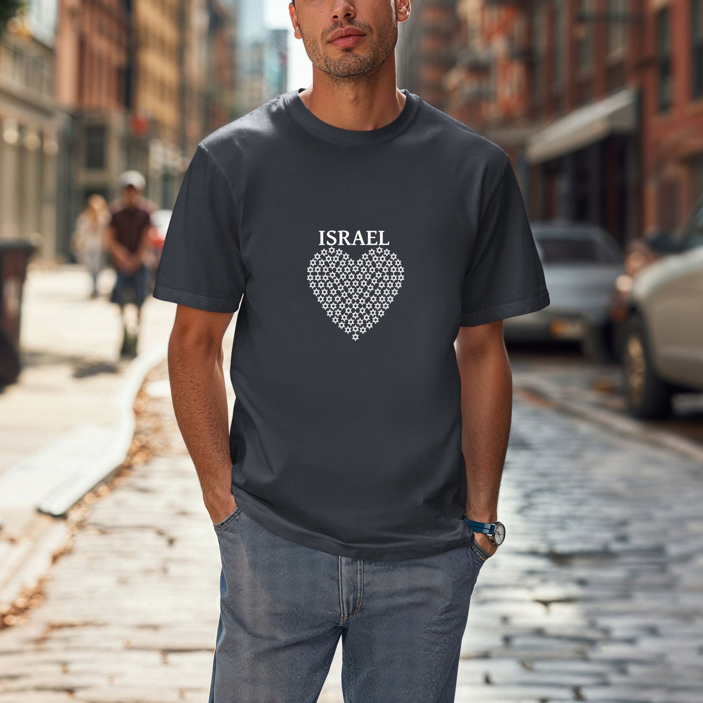 Heart of Israel - Star Heart Unisex Shirt - Patriotic Blue Lettering Design-Support Israel Apparel - Stars of David Tee -Stand with Israel