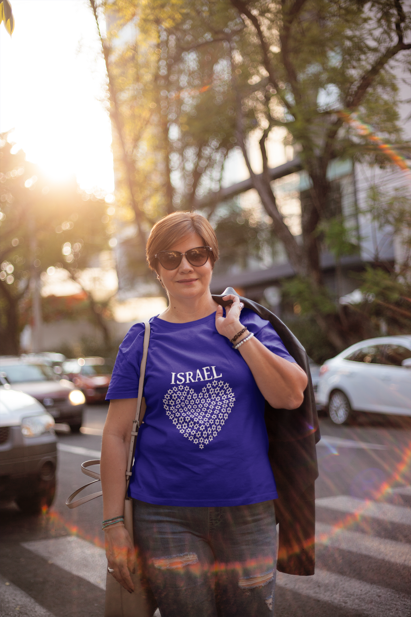 Heart of Israel - Star Heart Unisex Shirt - Patriotic Blue Lettering Design-Support Israel Apparel - Stars of David Tee -Stand with Israel