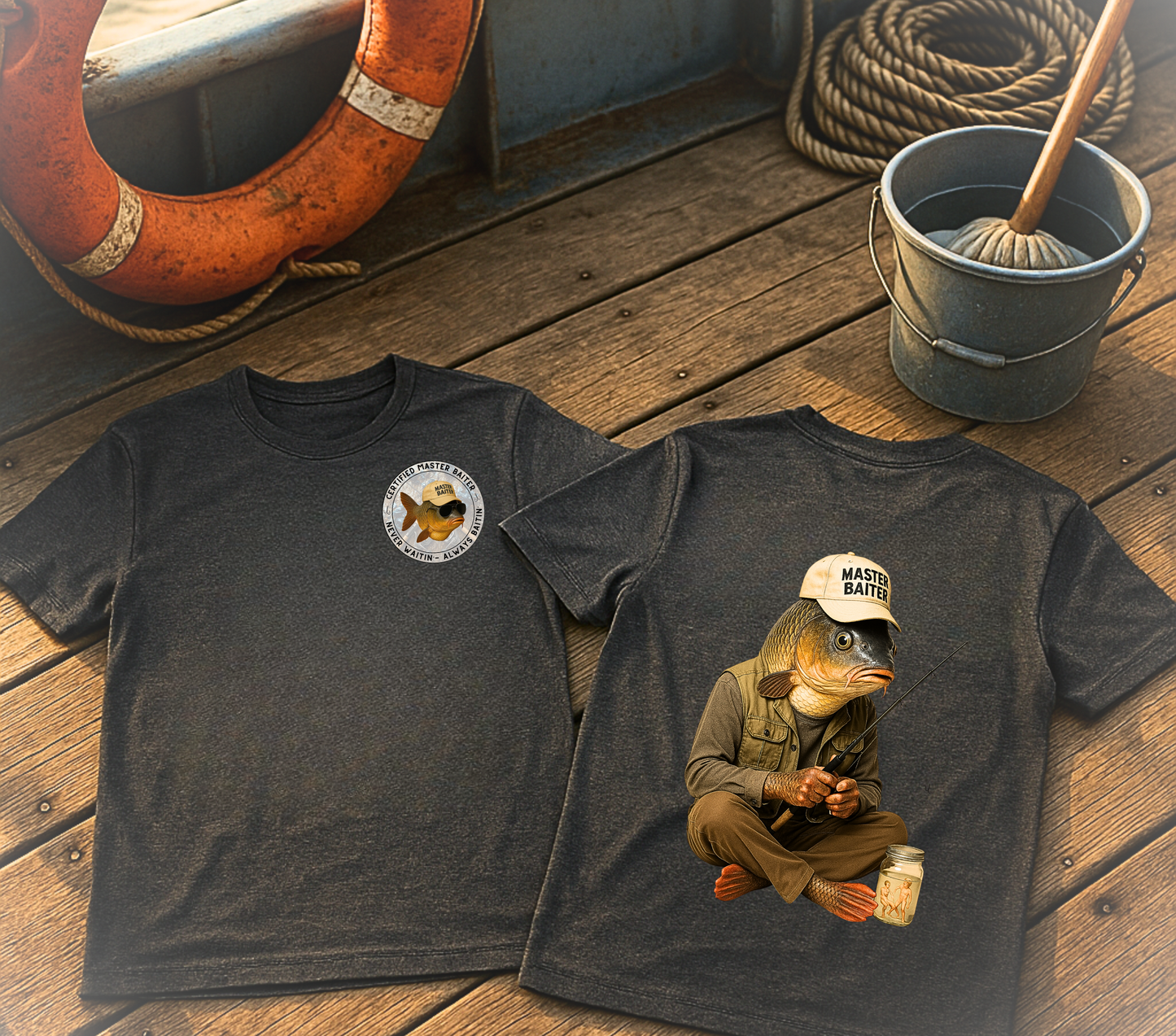 Certified Master Baiter Shirt - Funny Fishing T-Shirt for Men-Hilarious Fisherman Gift -Dad Joke Tee - Angler Humor Fathers Day Gift Idea