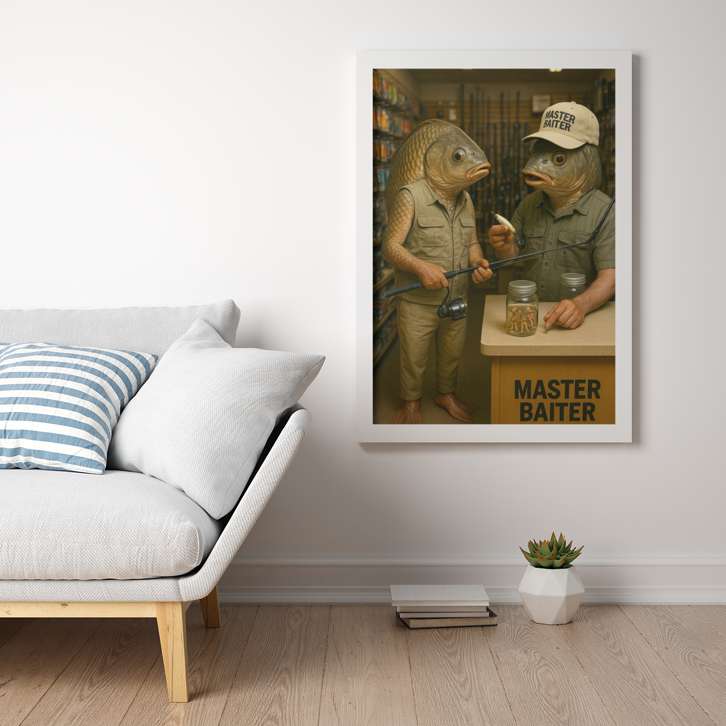 Fishing Humor Matte Poster, Master Baiter Poster - Funny Surreal Fishing Wall Art - Fish Head Print for Man Cave or Cabin