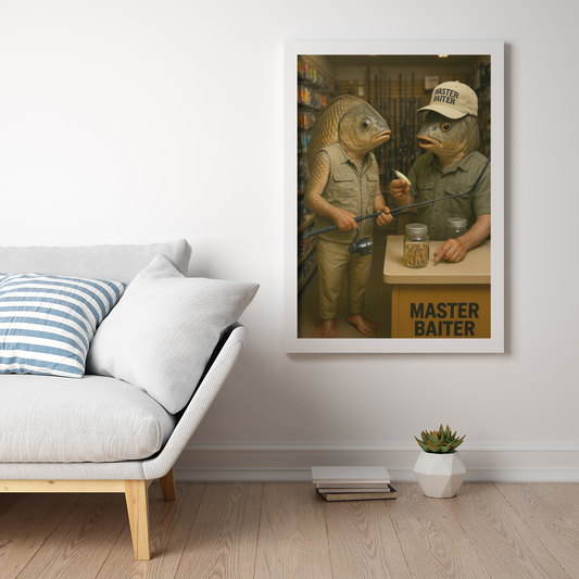 Fishing Humor Matte Poster, Master Baiter Poster - Funny Surreal Fishing Wall Art - Fish Head Print for Man Cave or Cabin