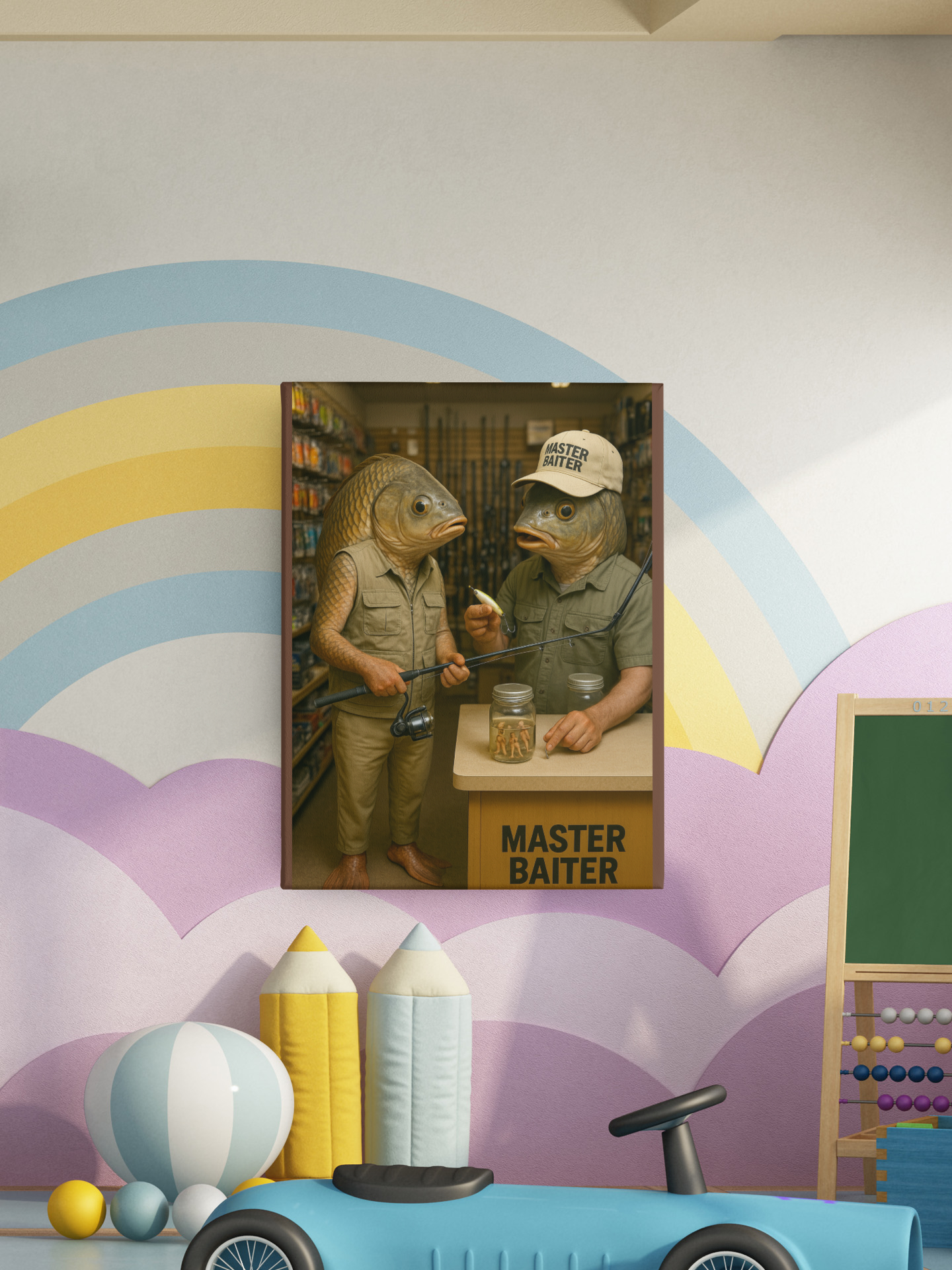 Fishing Humor Matte Poster, Master Baiter Poster - Funny Surreal Fishing Wall Art - Fish Head Print for Man Cave or Cabin
