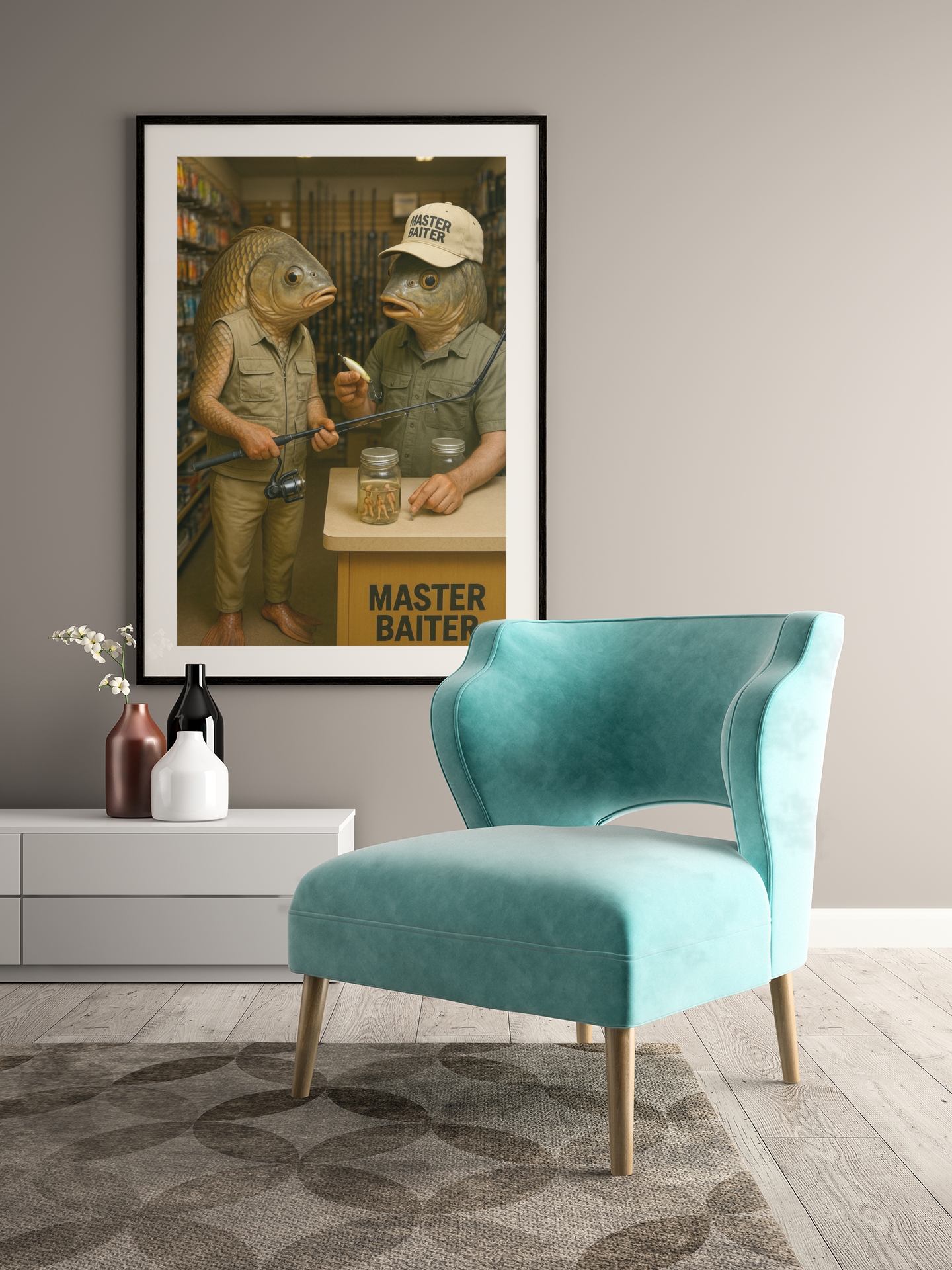 Fishing Humor Matte Poster, Master Baiter Poster - Funny Surreal Fishing Wall Art - Fish Head Print for Man Cave or Cabin