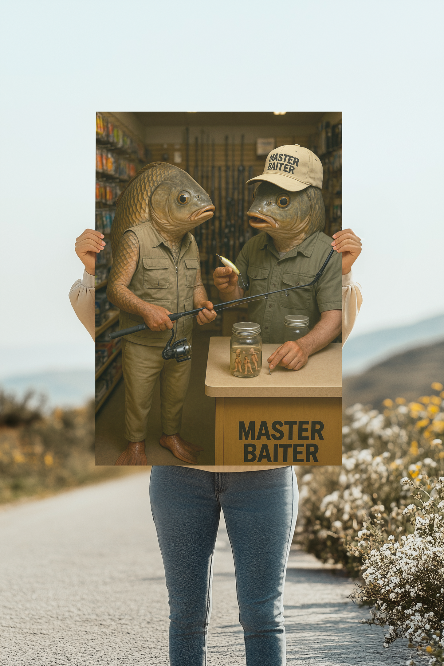 Fishing Humor Matte Poster, Master Baiter Poster - Funny Surreal Fishing Wall Art - Fish Head Print for Man Cave or Cabin