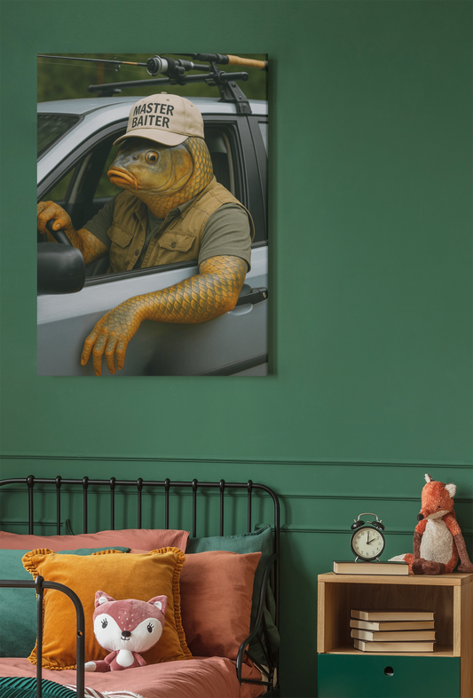 Fishing Humor Matte Poster, Master Baiter Drives to the Lake – Funny Fishing Poster – Surreal Fish Wall Art for Man Cave or Cabin