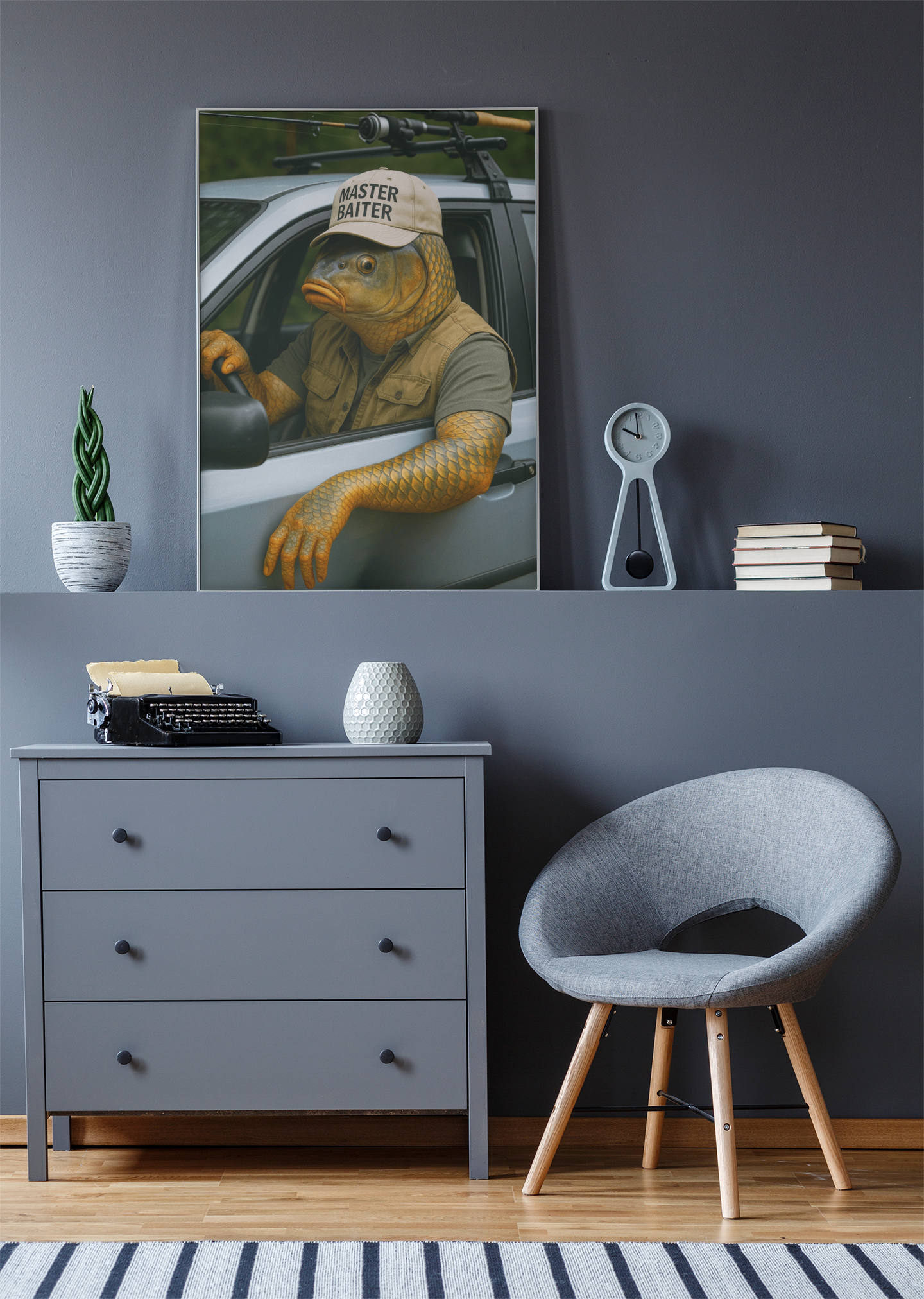 Fishing Humor Matte Poster, Master Baiter Drives to the Lake – Funny Fishing Poster – Surreal Fish Wall Art for Man Cave or Cabin