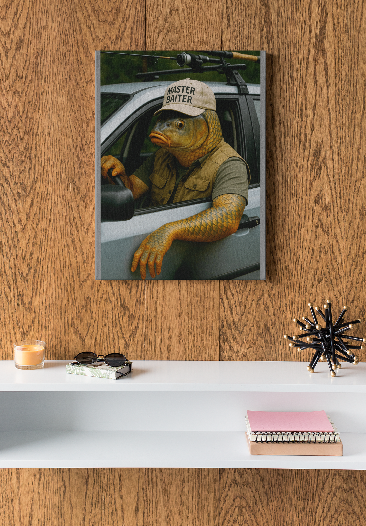 Fishing Humor Matte Poster, Master Baiter Drives to the Lake – Funny Fishing Poster – Surreal Fish Wall Art for Man Cave or Cabin