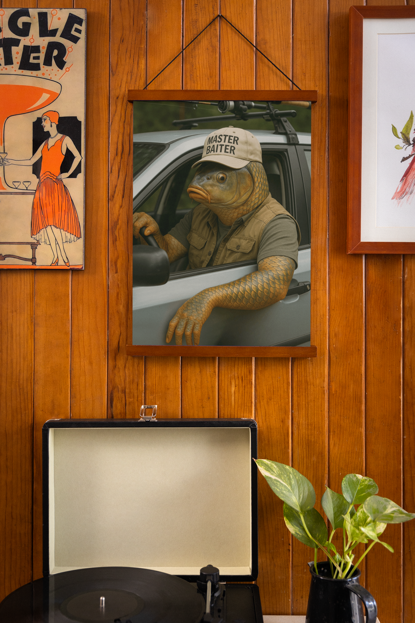 Fishing Humor Matte Poster, Master Baiter Drives to the Lake – Funny Fishing Poster – Surreal Fish Wall Art for Man Cave or Cabin