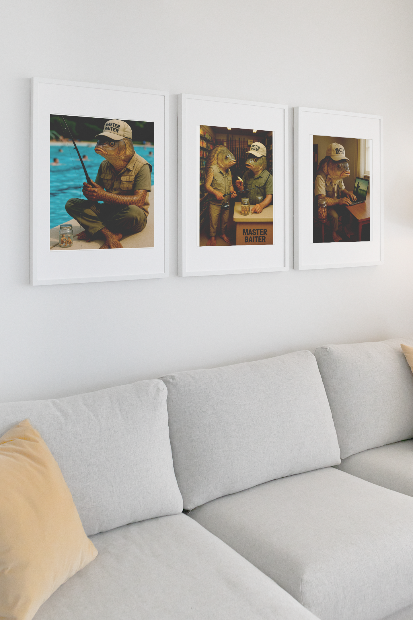 Fishing Humor Matte Poster, Master Baiter Pool Poster - Funny Surreal Fishing Art  Fish Man Wall Print for Bathroom, Cabin or Man Cave