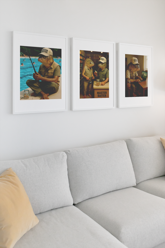 Fishing Humor Matte Poster, Master Baiter Pool Poster - Funny Surreal Fishing Art  Fish Man Wall Print for Bathroom, Cabin or Man Cave