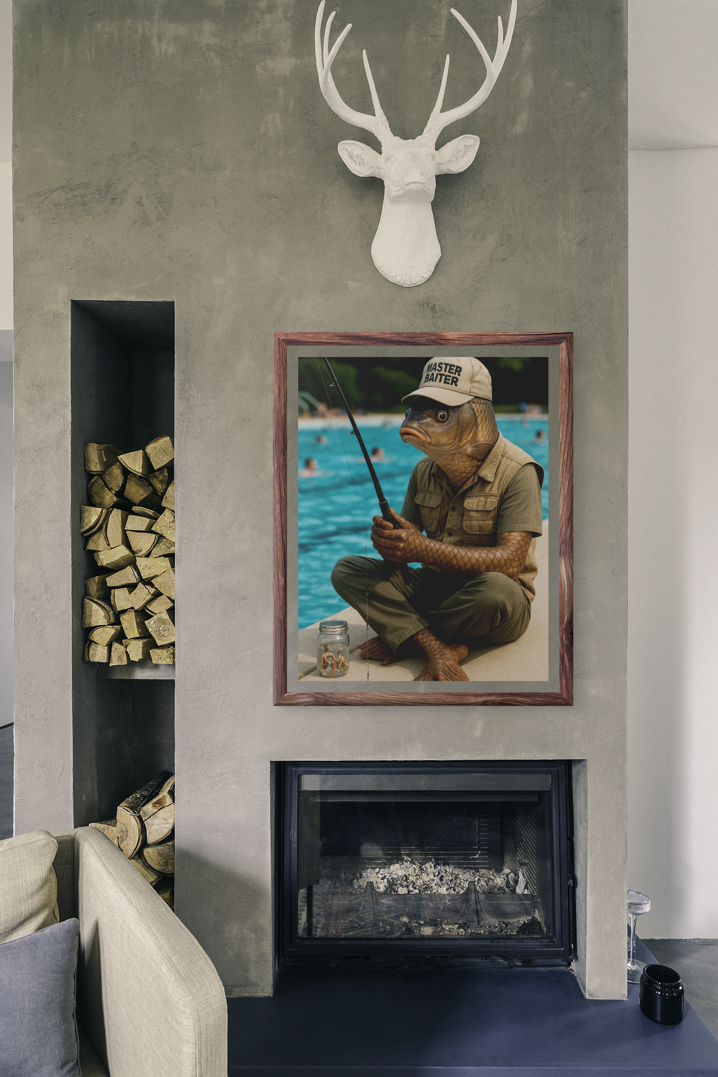 Fishing Humor Matte Poster, Master Baiter Pool Poster - Funny Surreal Fishing Art  Fish Man Wall Print for Bathroom, Cabin or Man Cave