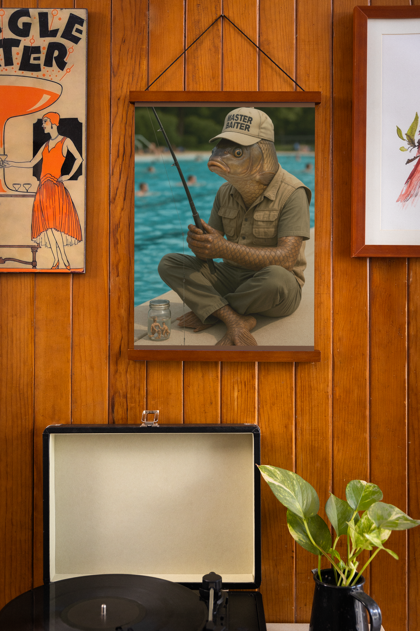 Fishing Humor Matte Poster, Master Baiter Pool Poster - Funny Surreal Fishing Art  Fish Man Wall Print for Bathroom, Cabin or Man Cave
