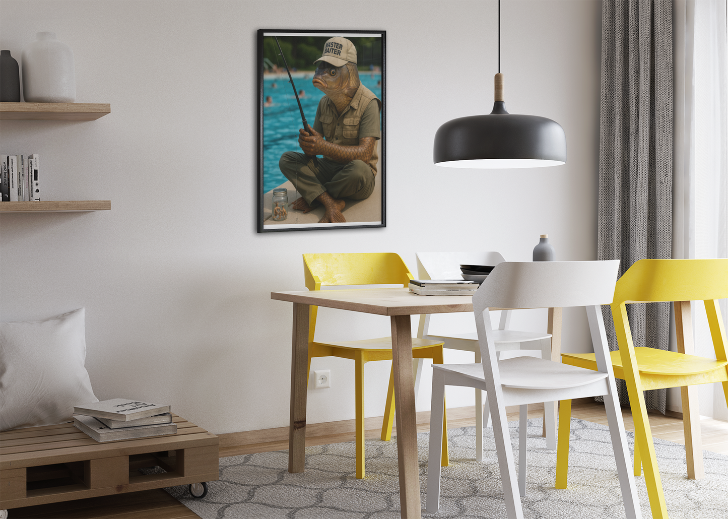 Fishing Humor Matte Poster, Master Baiter Pool Poster - Funny Surreal Fishing Art  Fish Man Wall Print for Bathroom, Cabin or Man Cave