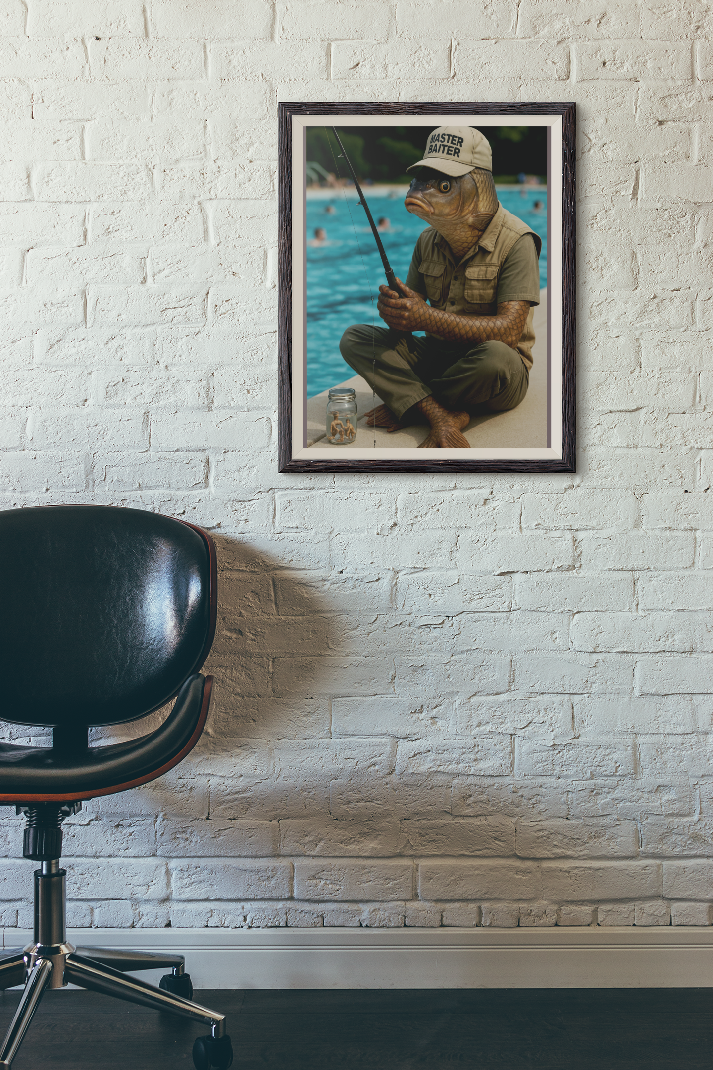 Fishing Humor Matte Poster, Master Baiter Pool Poster - Funny Surreal Fishing Art  Fish Man Wall Print for Bathroom, Cabin or Man Cave