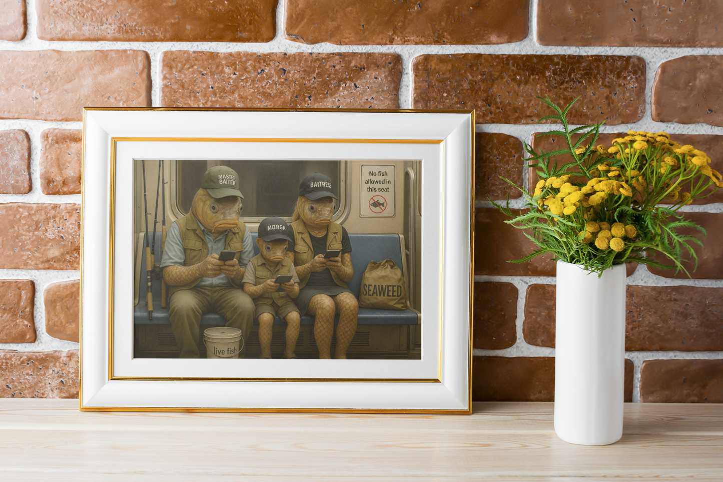 Fish Posters for Home Decor,  Wall Art-Fishing Gifts,  Fish Head Family in Subway Poster - Weird Humor Art Print - Surreal Fishing Humor