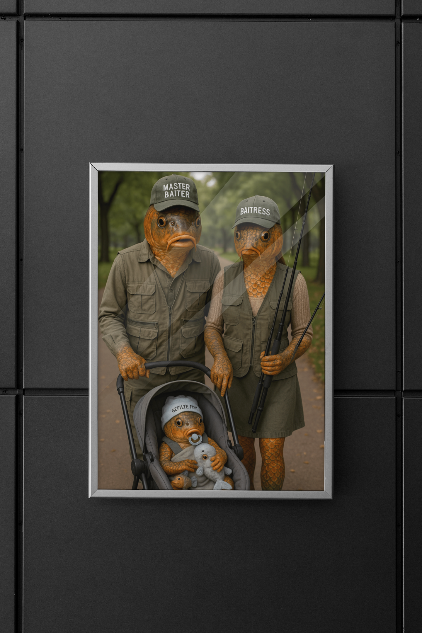 Fishing Humor Matte Poster,  - Master Baiter Family Portrait  - Surreal Fish Wall Art for Man Cave or Cabin