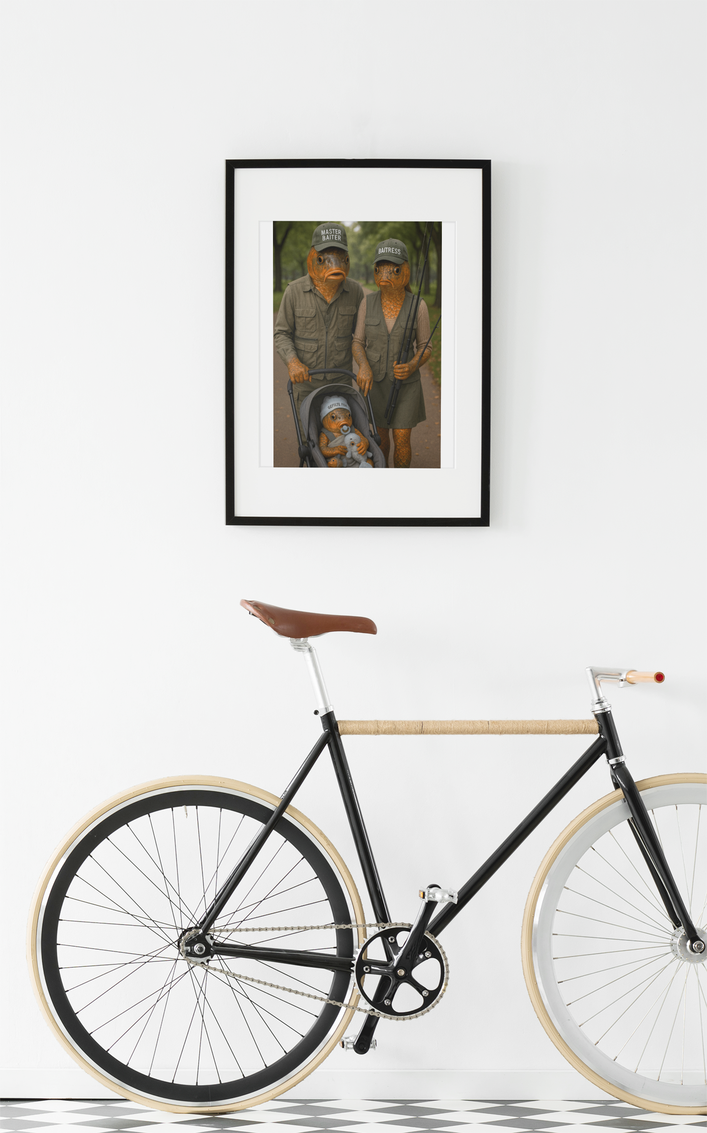 Fishing Humor Matte Poster,  - Master Baiter Family Portrait  - Surreal Fish Wall Art for Man Cave or Cabin
