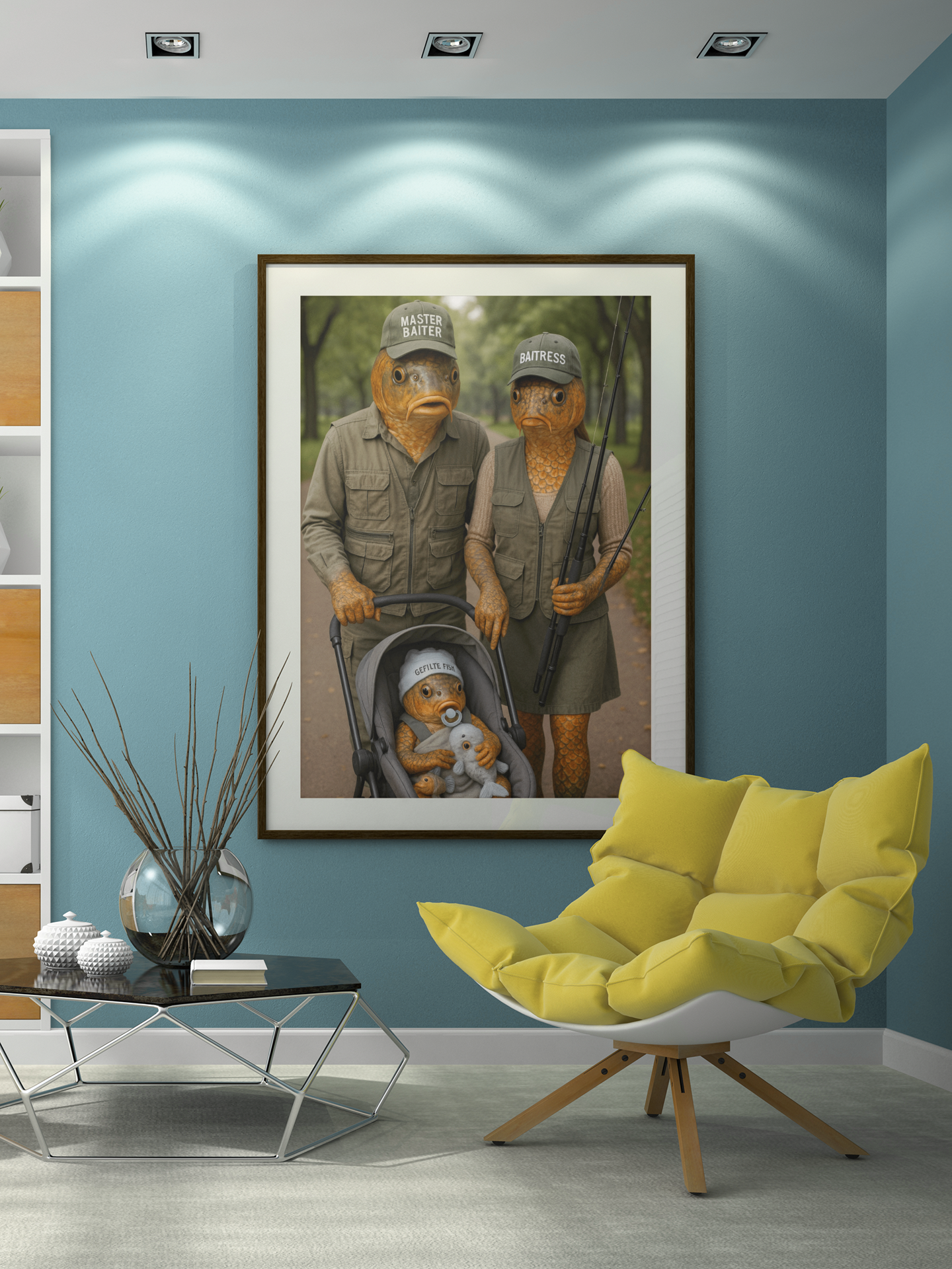 Fishing Humor Matte Poster,  - Master Baiter Family Portrait  - Surreal Fish Wall Art for Man Cave or Cabin