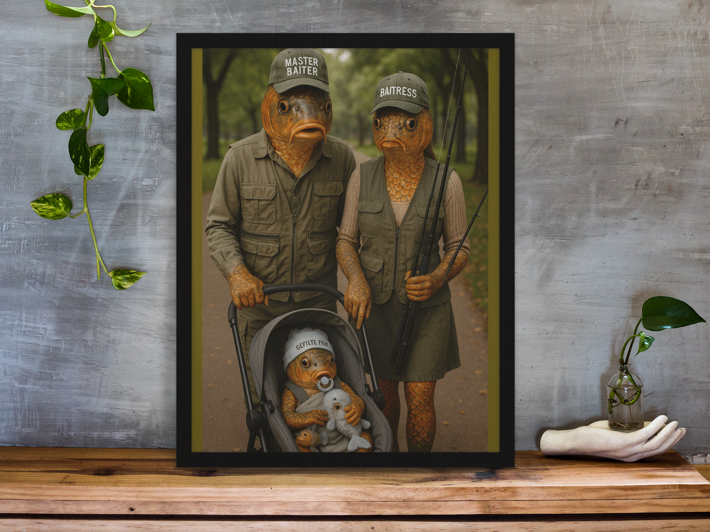 Fishing Humor Matte Poster,  - Master Baiter Family Portrait  - Surreal Fish Wall Art for Man Cave or Cabin