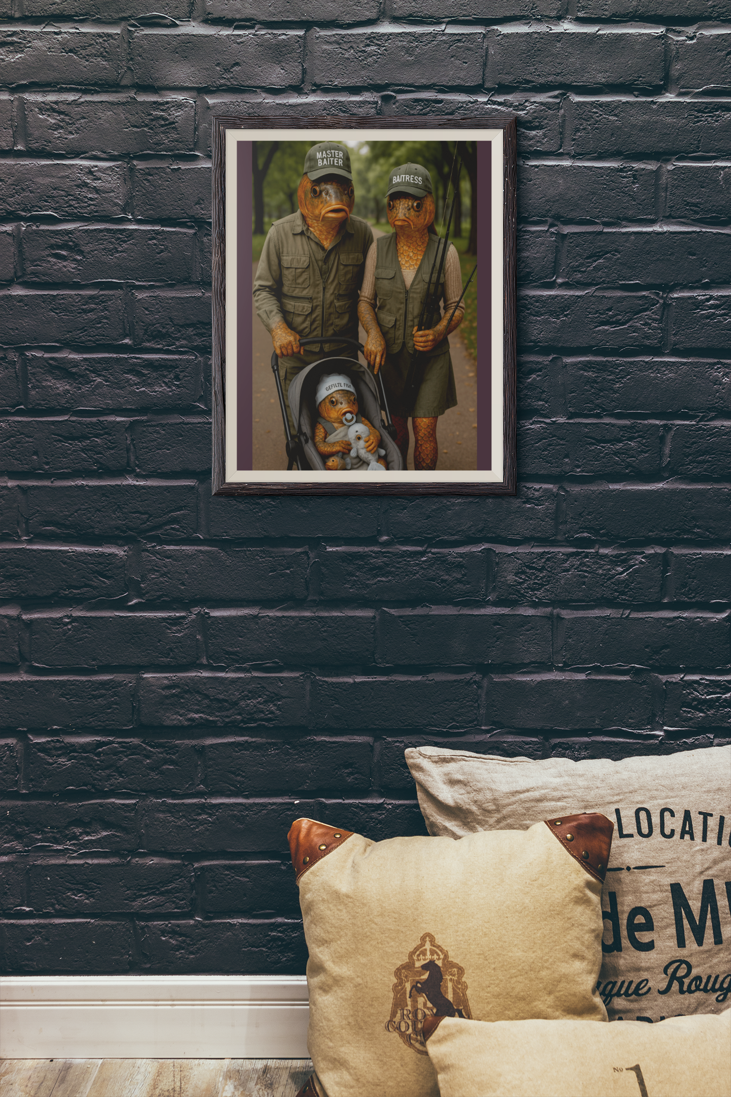 Fishing Humor Matte Poster,  - Master Baiter Family Portrait  - Surreal Fish Wall Art for Man Cave or Cabin