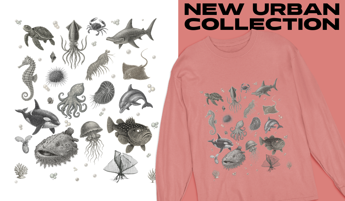 Ocean Life Graphic Long Sleeve T-Shirt, Marine Animal Tee, Sea Creature Shirt, Nautical Casual Wear, Beach Vacation Top