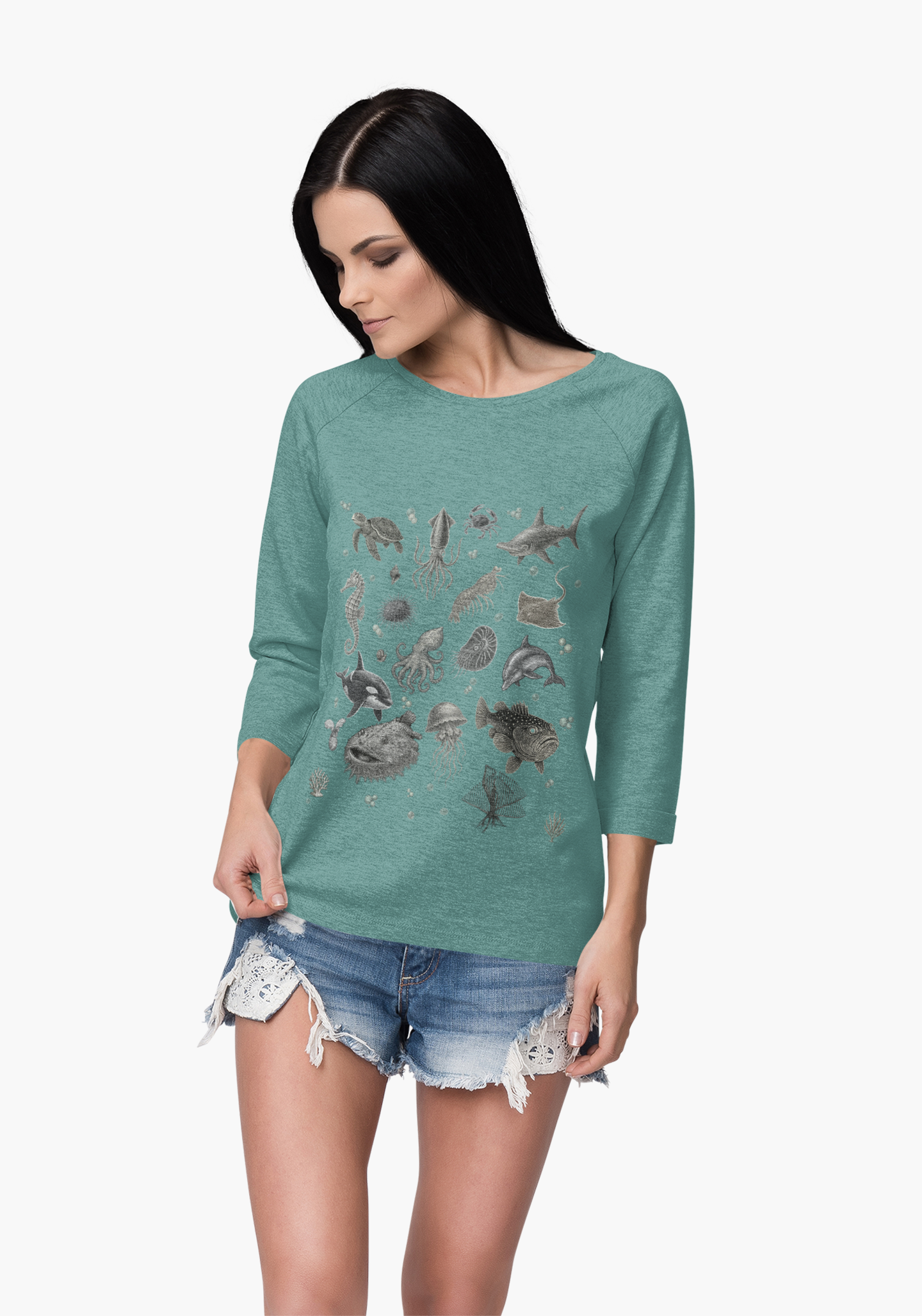 Ocean Life Graphic Long Sleeve T-Shirt, Marine Animal Tee, Sea Creature Shirt, Nautical Casual Wear, Beach Vacation Top