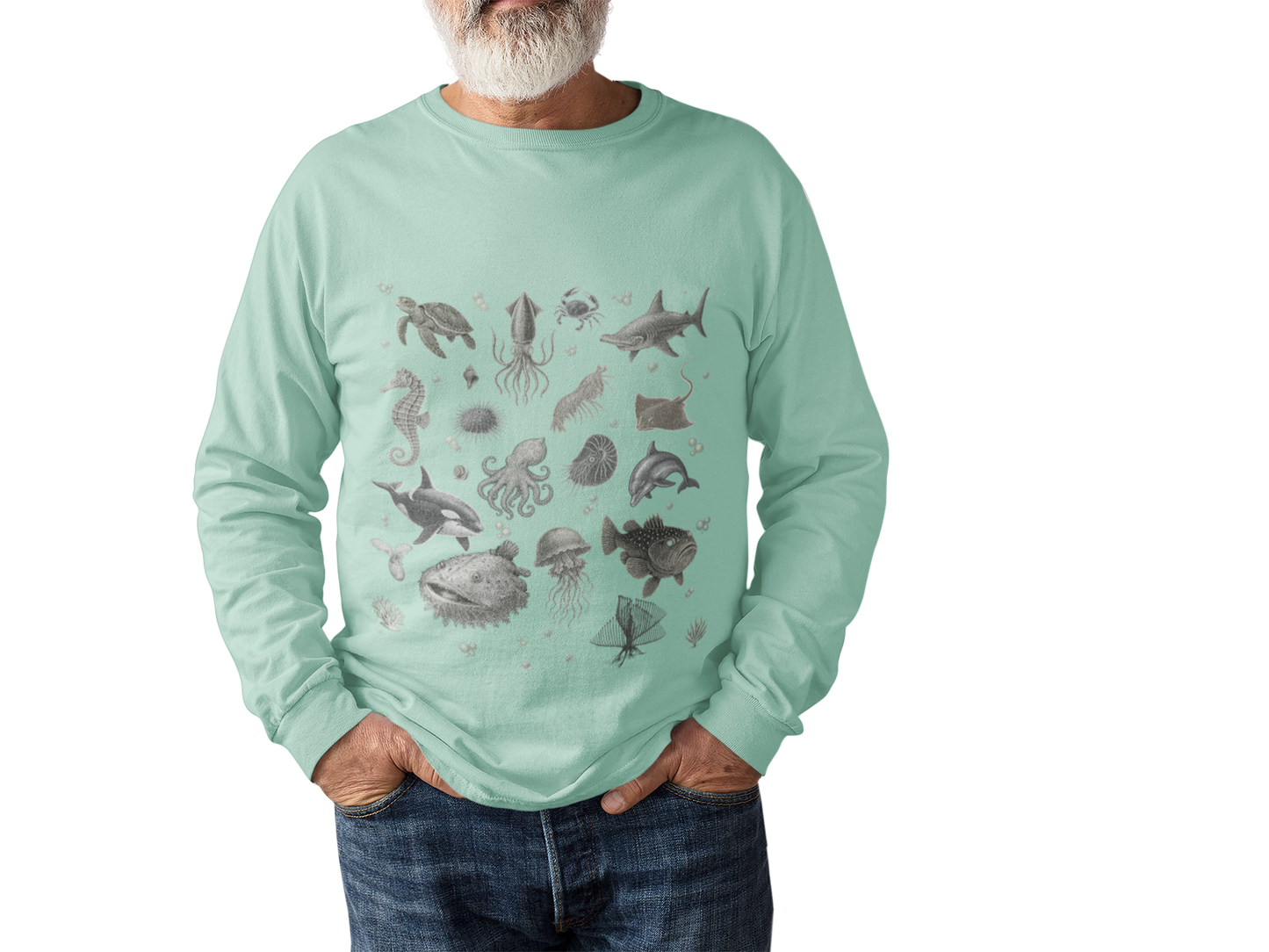 Ocean Life Graphic Long Sleeve T-Shirt, Marine Animal Tee, Sea Creature Shirt, Nautical Casual Wear, Beach Vacation Top