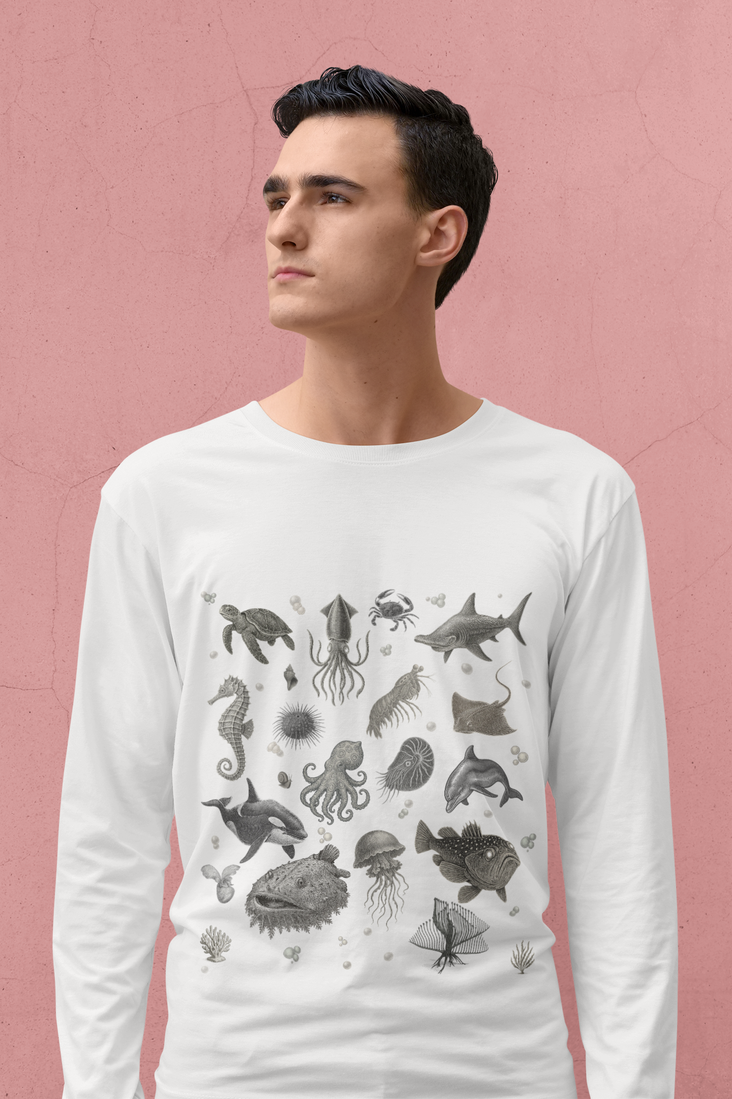 Ocean Life Graphic Long Sleeve T-Shirt, Marine Animal Tee, Sea Creature Shirt, Nautical Casual Wear, Beach Vacation Top